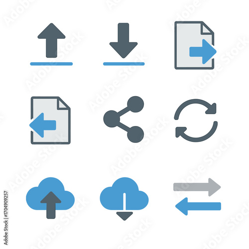 Media Transfer Icons. Flat icon set of media export and import: upload, download, export file, import file,