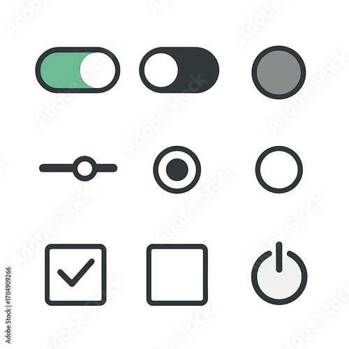 Modern UI Icon Set. Flat icon set of buttons and switches: toggle switch on, toggle switch off, push button,