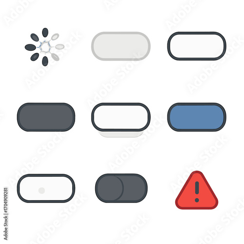 Button States Icons. Flat icon set of button states and indicators: loading, disabled, enabled, focused,