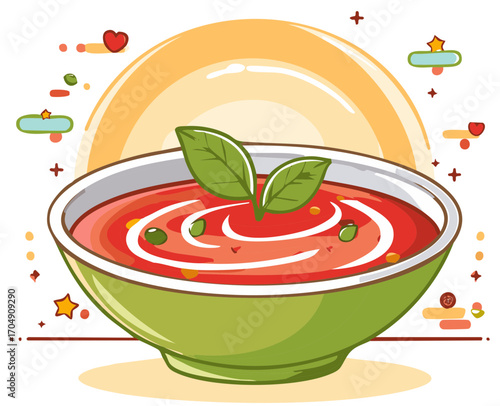 Tomato Soup with Basil Leaves in Green Bowl  Culinary Illustration Healthy Eating Vegan Meal