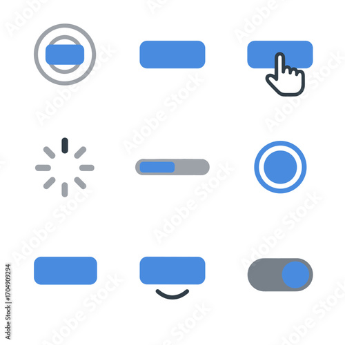 Animated Button Icons. Flat icon set of button animations: ripple effect, hover effect, click effect, loading