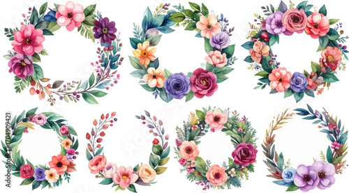 Floral wreath collection in vibrant colors. Elegant botanical wreaths for all occasions. Bright watercolor flower wreaths designs. Delicate flower circle wreaths with nature vibes