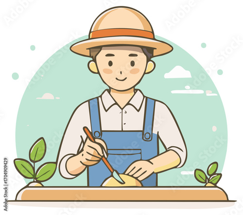 Illustrative farmer tending to seedlings in garden bed wearing straw hat overalls with spade tools happy agriculture gardening