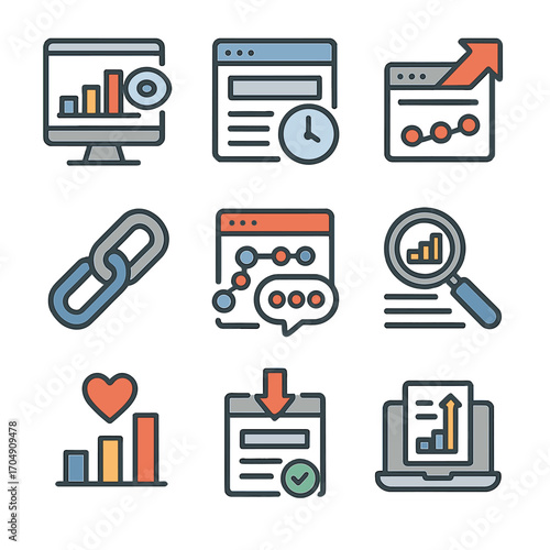 Content Marketing Metrics. Flat icon set of content marketing metrics: page views, time on page, bounce rate,