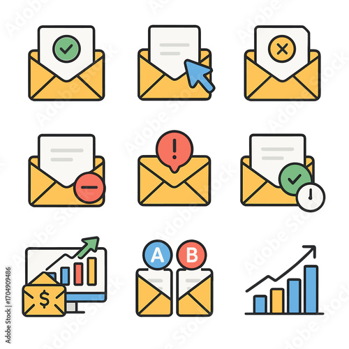 Email Marketing Analytics Icons. Flat icon set of email marketing analytics: open rate, click rate, bounce