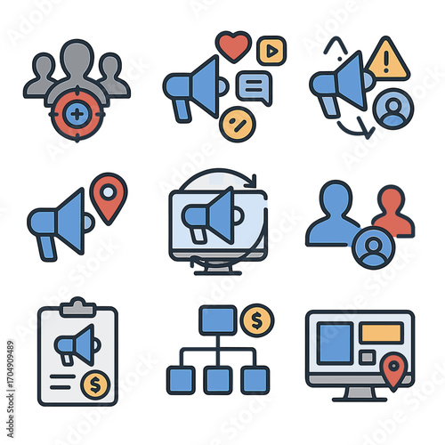 Advertising Icons Grid. Flat icon set of ad targeting: demographics, interests, behaviors, geotargeting,