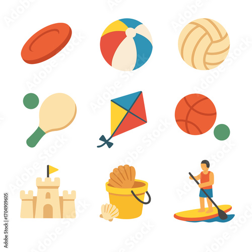 Summer Beach Games Icons. Flat icon set of summer beach games: frisbee, beach ball, volleyball, paddleball,