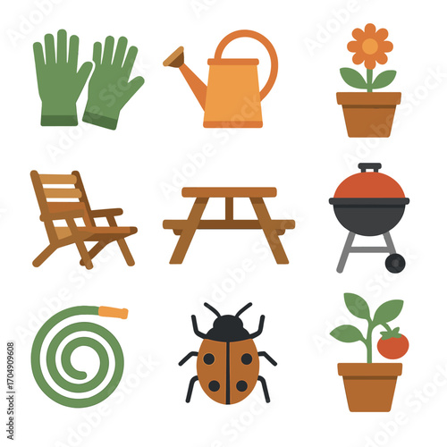 Summer Garden Icons. Flat icon set of summer garden: garden gloves, watering can, flower pot, lawn chair,