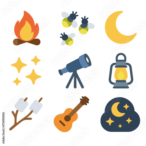 Summer Night Icons. Flat icon set of summer night activities: campfire, fireflies, moon, stars, telescope,