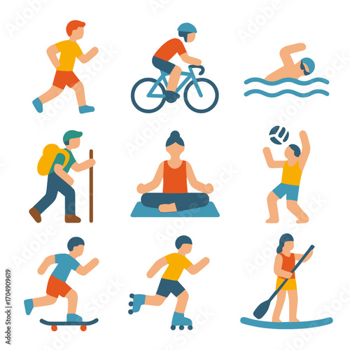 Summer Fitness Icons. Flat icon set of summer fitness: jogging, cycling, swimming, hiking, yoga, volleyball,