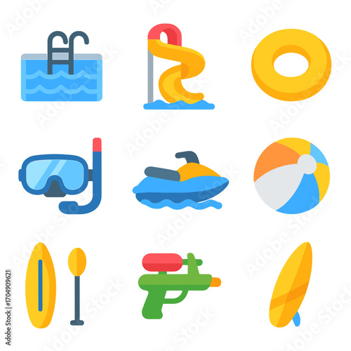 Summer Water Fun Icons. Flat icon set of summer water fun: swimming pool, water slide, inflatable ring, beach