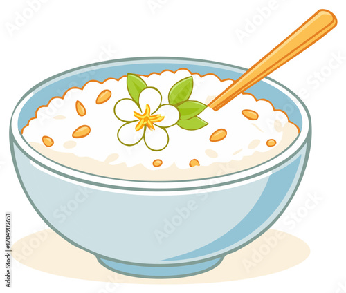 Cartoon style creamy cereal bowl with flower garnish and spoon for healthy food