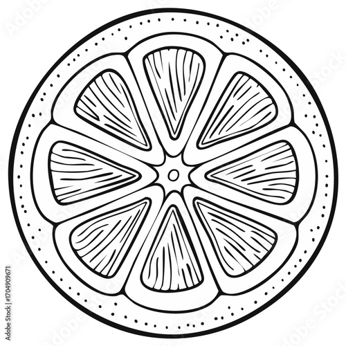 Stylized Lemon Slice Illustration with Decorative Dots Black and White Coloring Page for Food Themed Creative Projects
