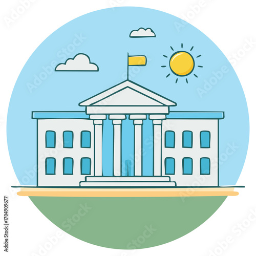 Illustration of a Government Building with Flag Clouds and Sun in Blue Sky