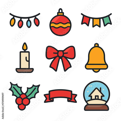 Festive Decoration Icons. Flat icon set of festive decorations: string lights, ornament ball, garland, candle,