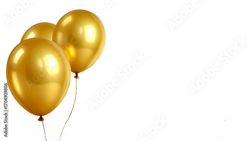 A group of shiny golden party balloons isolated on a white background for a birthday celebration