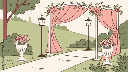 Elegant outdoor wedding venue with floral archway, garden decor and pathway for ceremony design ideas