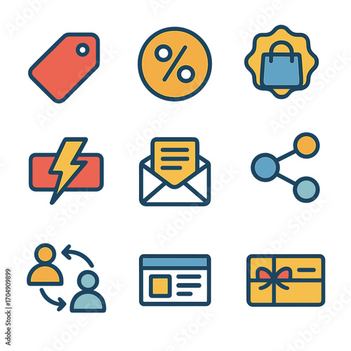 Marketing Icon Grid. Flat icon set of marketing and promotion: sale tag, discount percentage, limited offer,