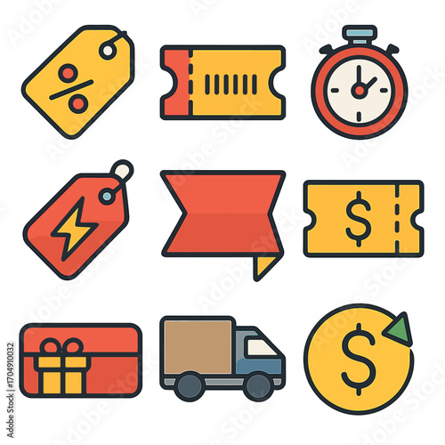 Discount Icons Grid. Flat icon set of discounts and coupons: percentage tag, coupon code, limited time offer,