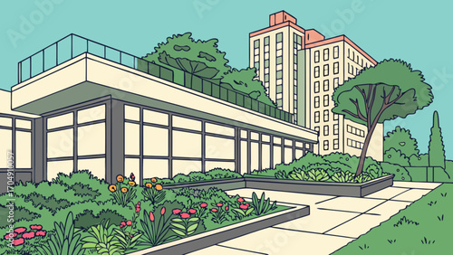Illustration of modern building architecture with rooftop garden and landscaping design view art