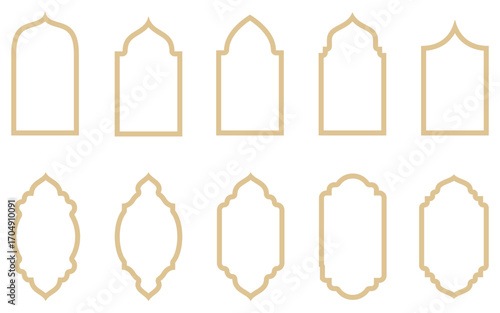 Islamic frames. Ramadan frames, mosque arches, decorative arches, Moroccan gates, silhouette illustration. Golden Islamic window shapes in oriental style. Islamic vector window or door eps10.