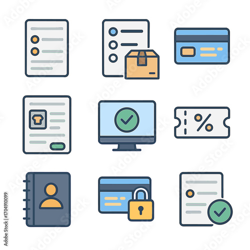 Modern Checkout Icons Grid. Flat icon set of checkout process: billing form, shipping options, payment method,