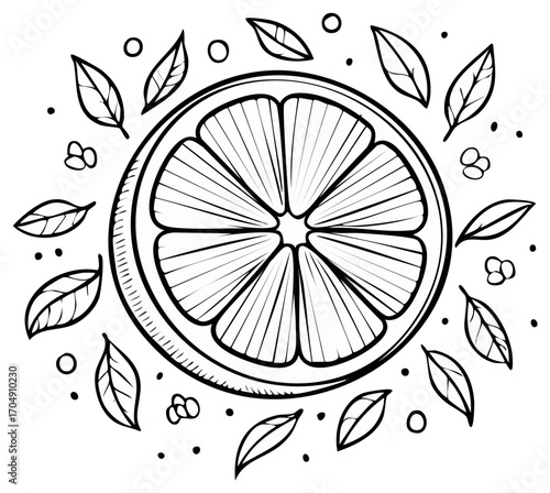Artistic illustration of a citrus slice with leaves and dots in a circular pattern