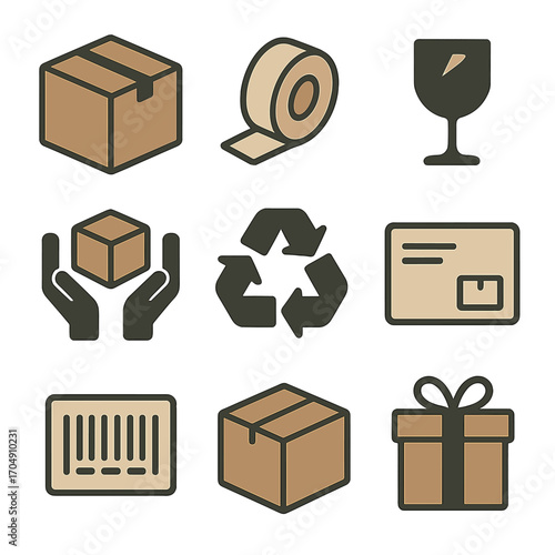 Packaging Icon Set. Flat icon set of packaging: box, tape, fragile label, handle with care, recycle symbol,