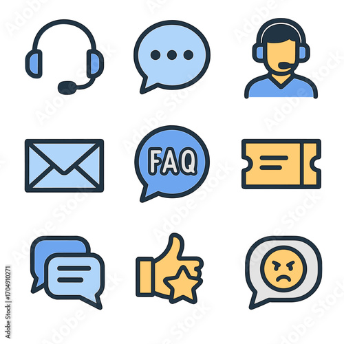 Customer Support Icons. Flat icon set of customer support: headset, chat bubble, phone support, email support,