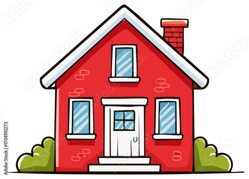 Charming Red Cartoon House with Snow-Capped Roof and Chimney
