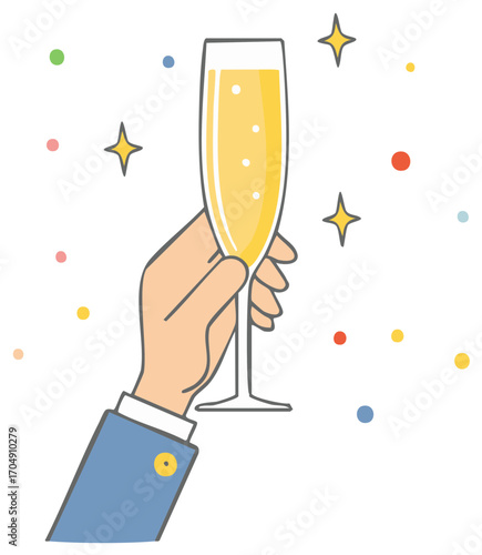Hand holding a champagne flute with sparkling wine and festive stars for a joyful celebration