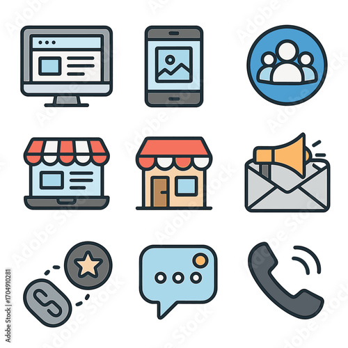 Sales Channel Icons. Flat icon set of sales channels: website, mobile app, social media, marketplace, physical