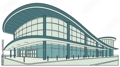 Illustration of modern architectural building with curved roof and glass facade for design projects