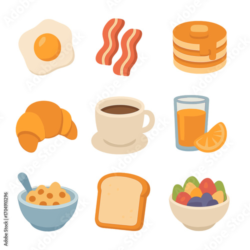 Breakfast Icon Set. Flat icon set of breakfast foods: fried egg, bacon, pancake stack, croissant, coffee cup,