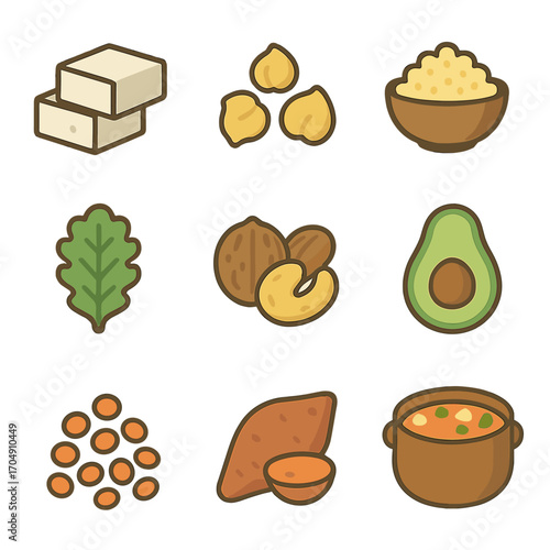 Vegan Food Icons. Flat icon set of vegan foods: tofu, chickpeas, quinoa, kale, nuts, avocado, lentils, sweet