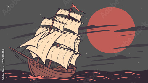 Vintage sailing ship illustration at night with red moon and stars vector graphic design art
