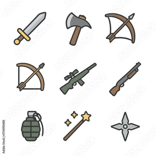 Game Weapon Icons. Flat icon set of game weapons: sword, axe, bow, crossbow, sniper rifle, shotgun, grenade,