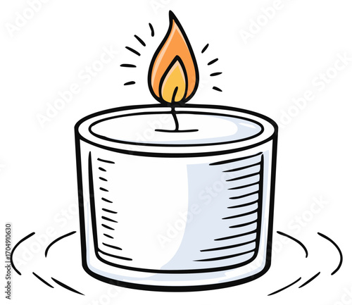 Cozy lit cartoon candle illustration with a warm flickering flame, radiating light and peaceful glow, simple doodle style vector art.