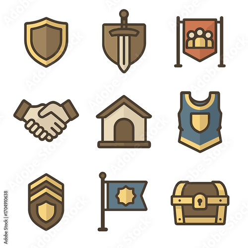 Clans & Guilds Icons. Flat icon set of clans & guilds: shield emblem, sword crest, group banner, alliance