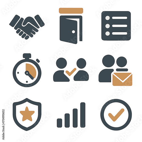 Matchmaking Icons Grid. Flat icon set of matchmaking & lobbies: handshake icon, lobby door, room list, timer
