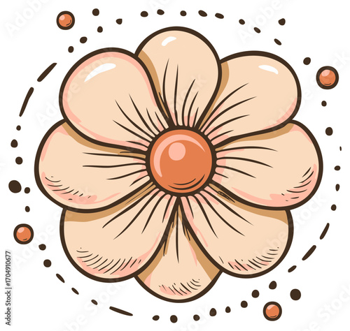 Elegant blush flower illustration with detailed petal lines and charming decorative dotted patterns, ideal for springtime themed designs