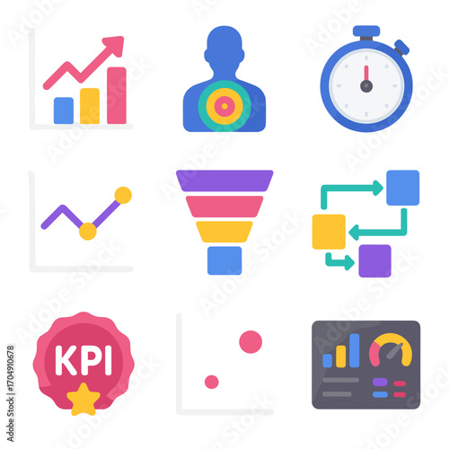 Gaming Analytics Icons. Flat icon set of gaming analytics: chart icon, user heatmap, session timer, retention