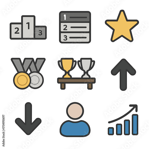 Leaderboard Icon Set. Flat icon set of leaderboards & rankings: podium icon, rank list, gold silver bronze,
