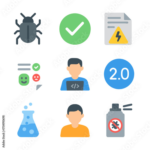 Beta Testing Icons. Flat icon set of beta testing: bug icon, checkmark, crash report, feedback form, developer
