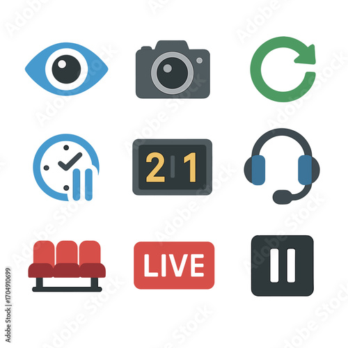 Spectator Mode Icons. Flat icon set of spectator mode: eye icon, camera icon, replay button, slow motion,