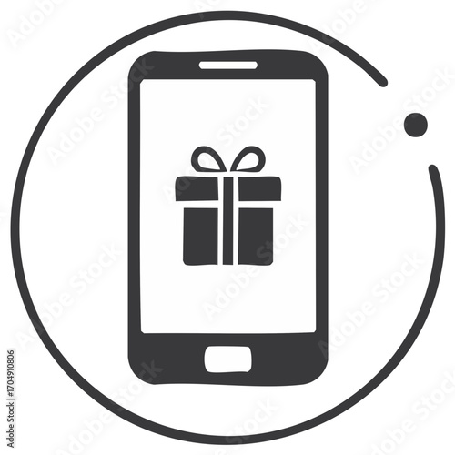 Mobile phone displaying gift box inside circular frame, digital present for online shopping service