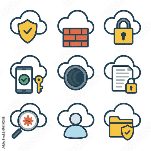 Cloud Security Icons. Flat icon set of cloud security: cloud shield, firewall, key lock, 2FA icon, VPN tunnel,