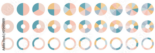 Pie chart color icons. Segment slice sign. Circle section graph. 1,2,3,4,5 segment infographic. Wheel round diagram part symbol. Three phase, six circular cycle. Geometric element. Vector illustration
