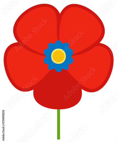 Vibrant Red Poppy Flower with Blue and Yellow Center and Green Stem