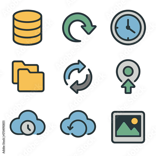 Backup Icon Set. Flat icon set of backup and restore: data archive, restore arrow, backup clock, duplicate